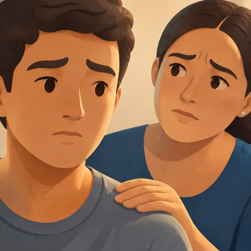 Mãe preocupada com a mão no ombro do filho adolescente