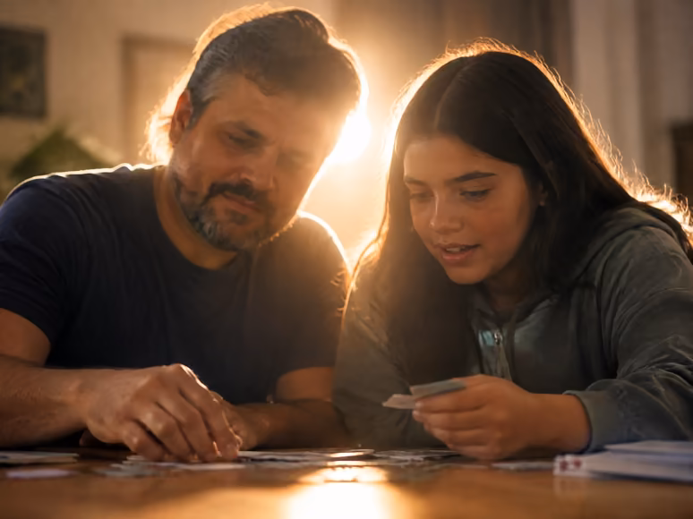 Pai e filha adolescente combinando acordos à mesa